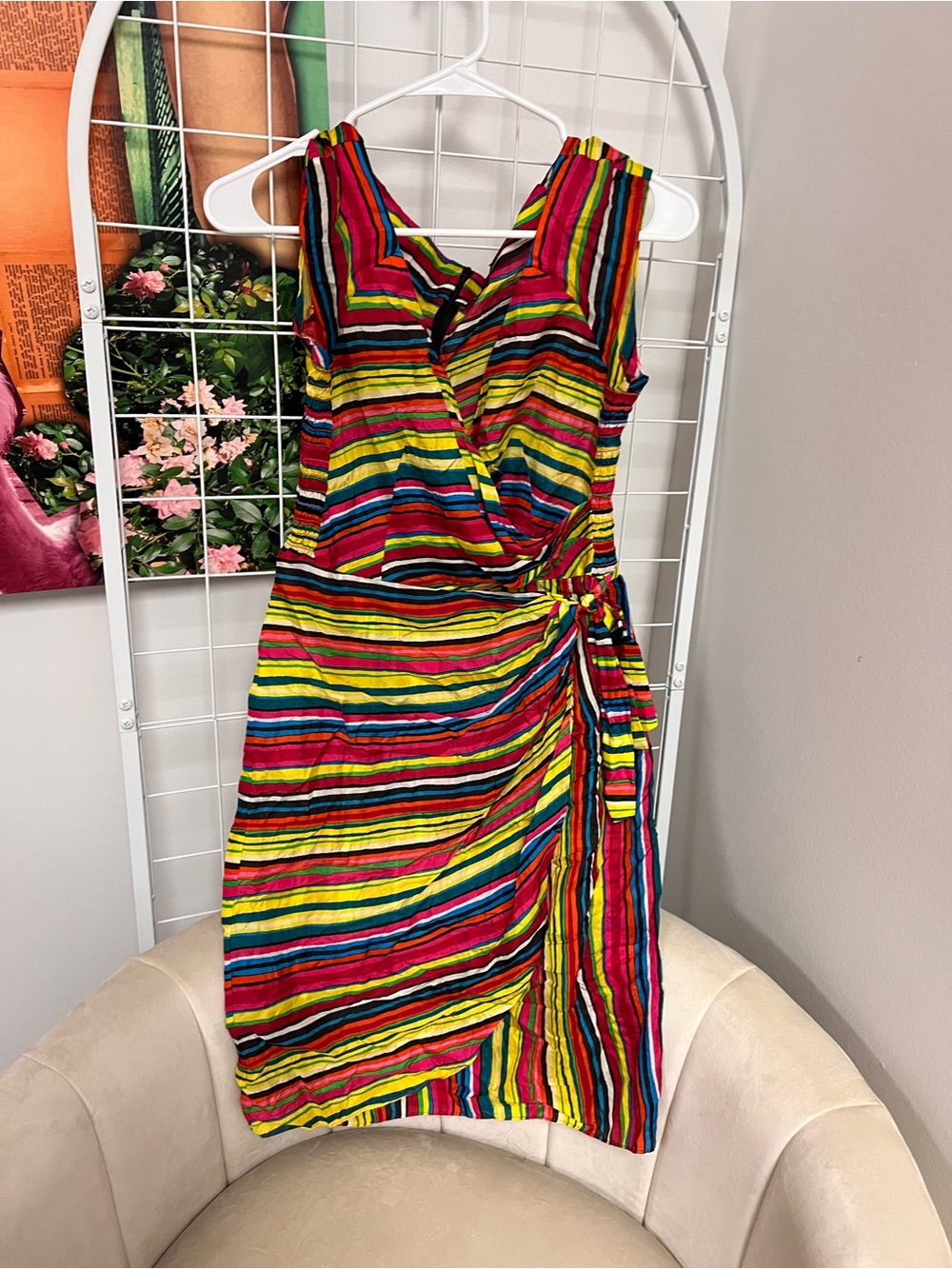 Nanette Lepore Multicolor Striped Wrap Midi Dress - Yellow, Pink, Blue, Green